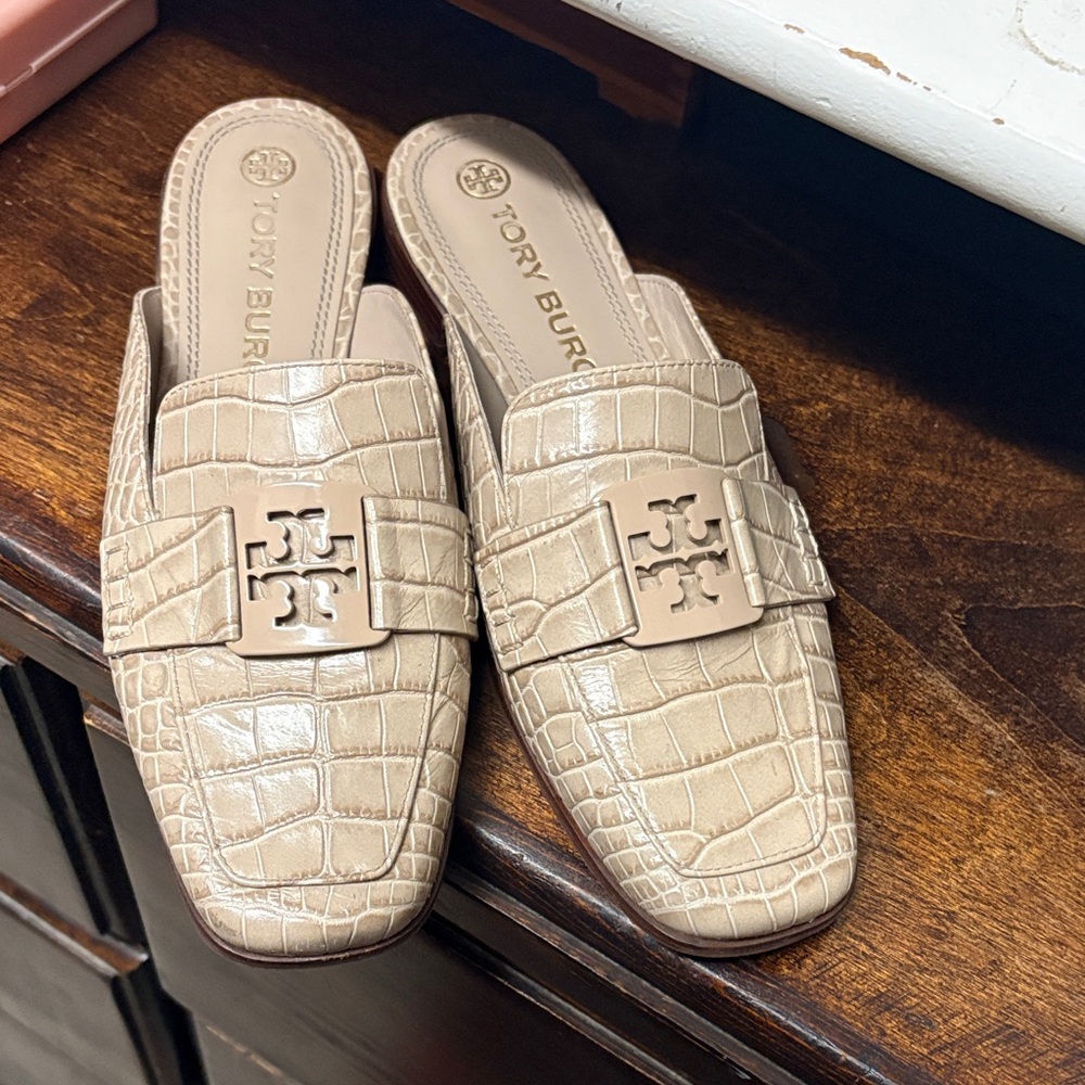 Tory Burch Taupe Croc-Embossed Leather Slide Mules